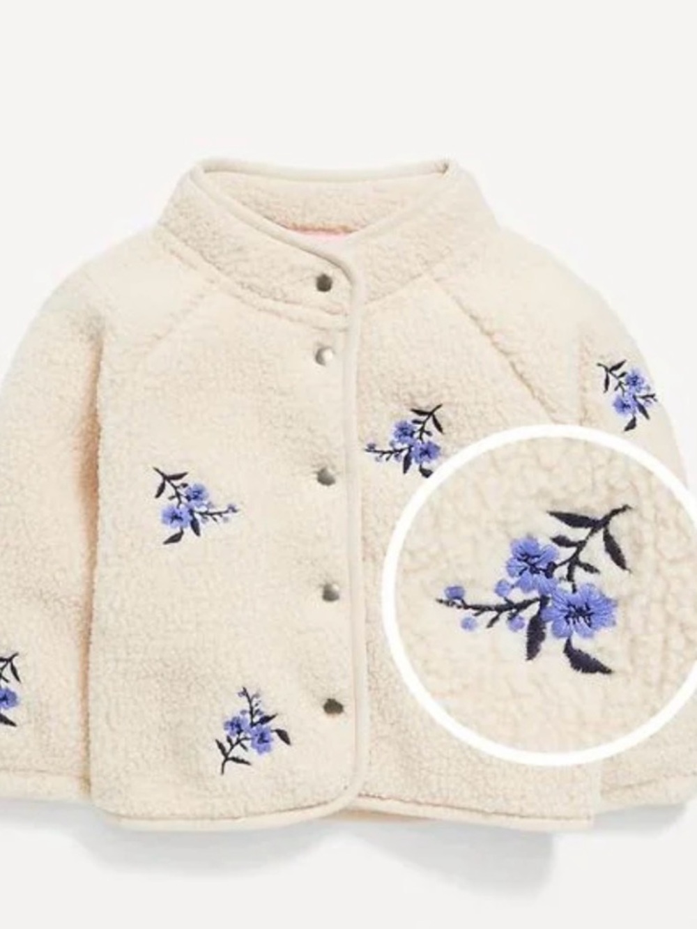 Old Navy Cream Sherpa Jacket with Blue Floral Embroidery